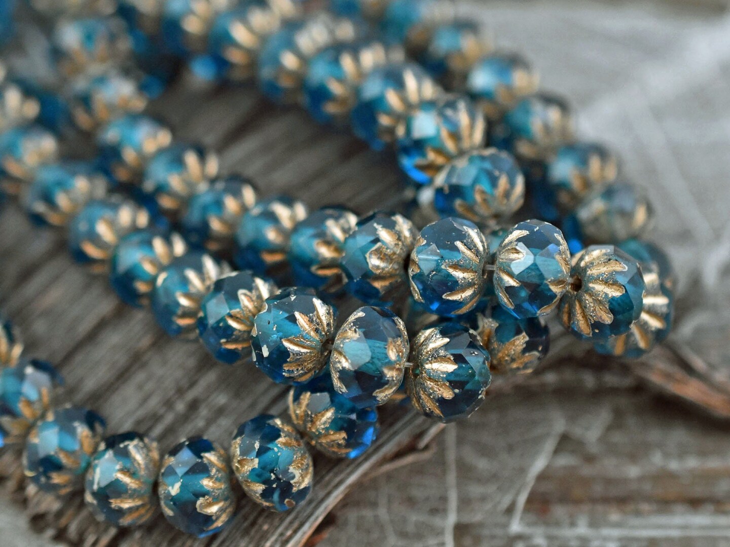 *25* 6x9mm Etched Gold Washed Pacific Blue Cruller Rondelle Beads