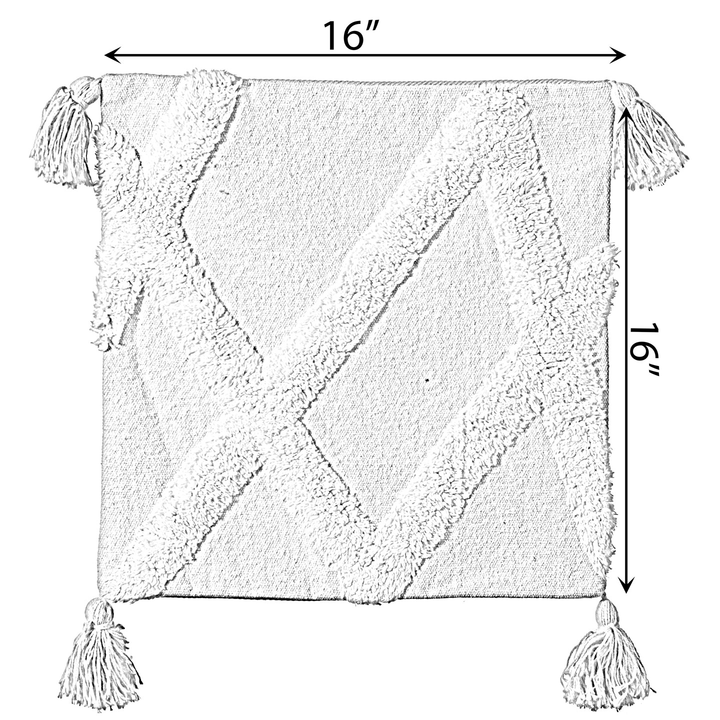 16" Handwoven Cotton Throw Pillow Cover with White on White Tufted Design and Tassel Corners