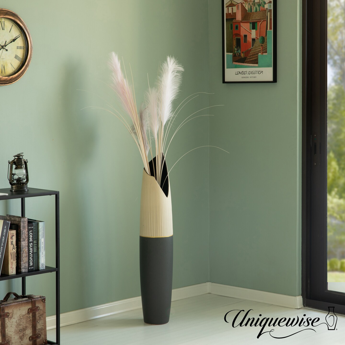 Freestanding Ceramic Floor Vase - Handcrafted Beige Polka Dot Striped Top and Black Bottom, Large Waterproof Vase for Tall Floral Arrangements, Unique Shaped Flower Holder