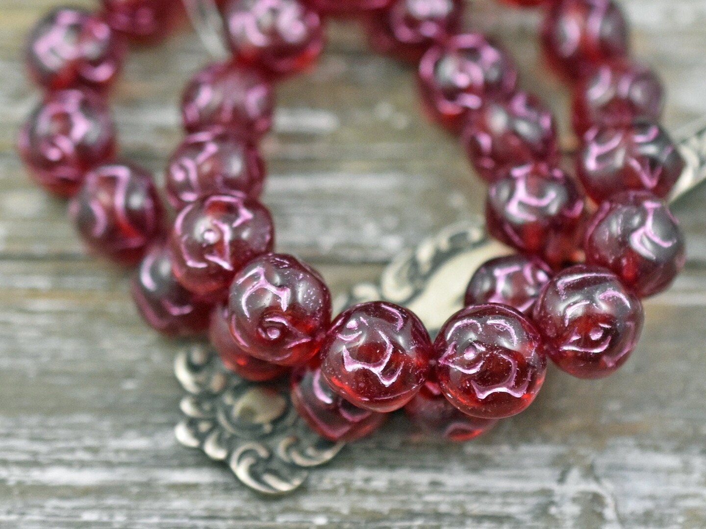 *15* 10mm Metallic Pink Washed Ruby Red Round Rose Beads