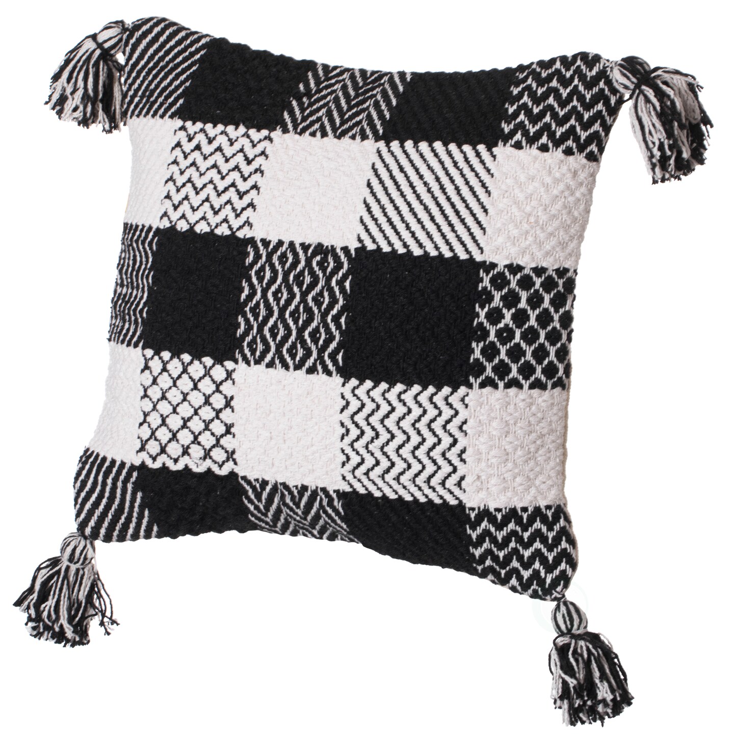 16&#x22; Handwoven Cotton Throw Pillow Cover Chevron &#x26; Gingham Design Black &#x26; White