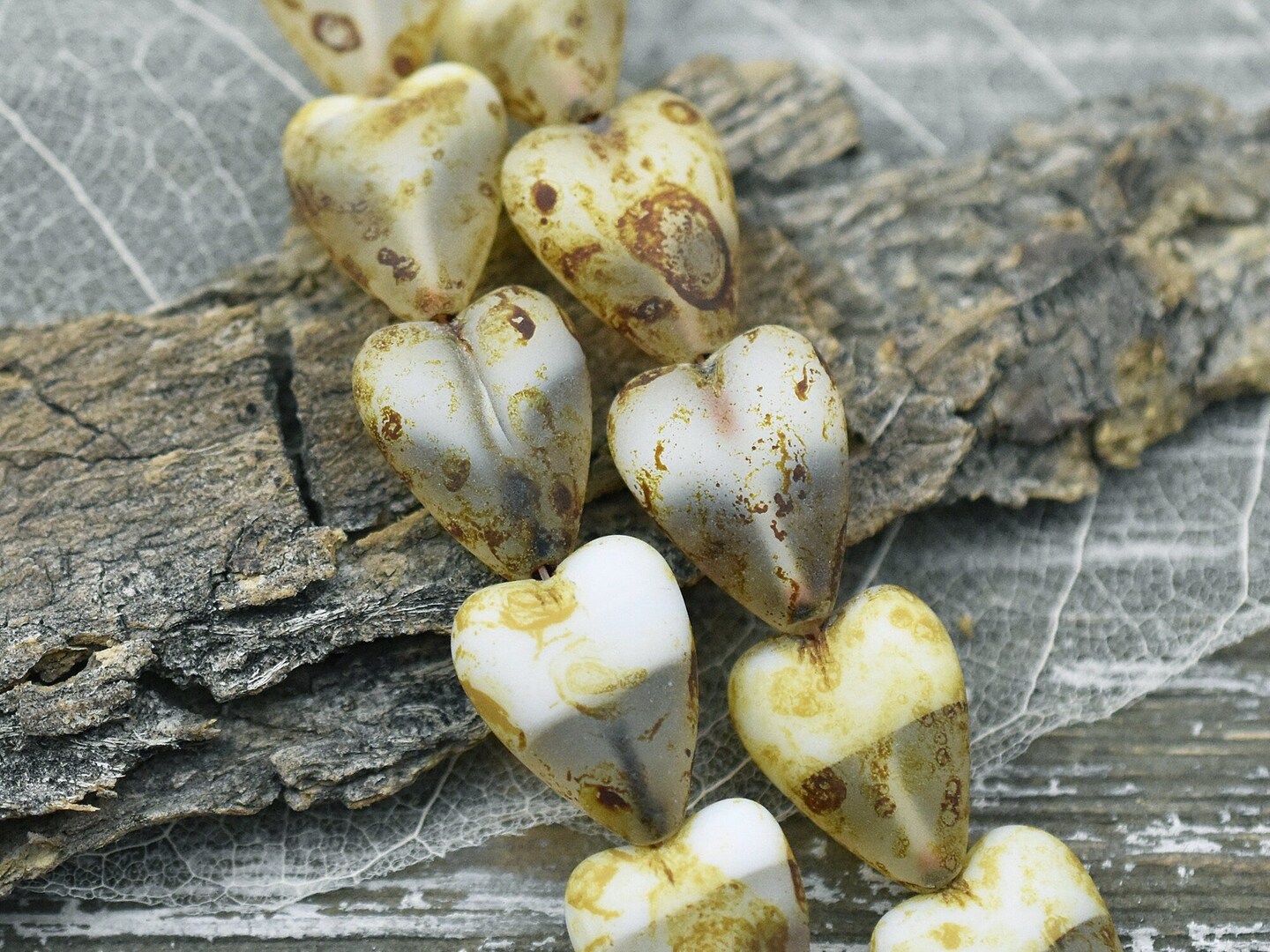 *6* 13x16mm Matte Crystal &#x26; Off White Picasso Heart Beads