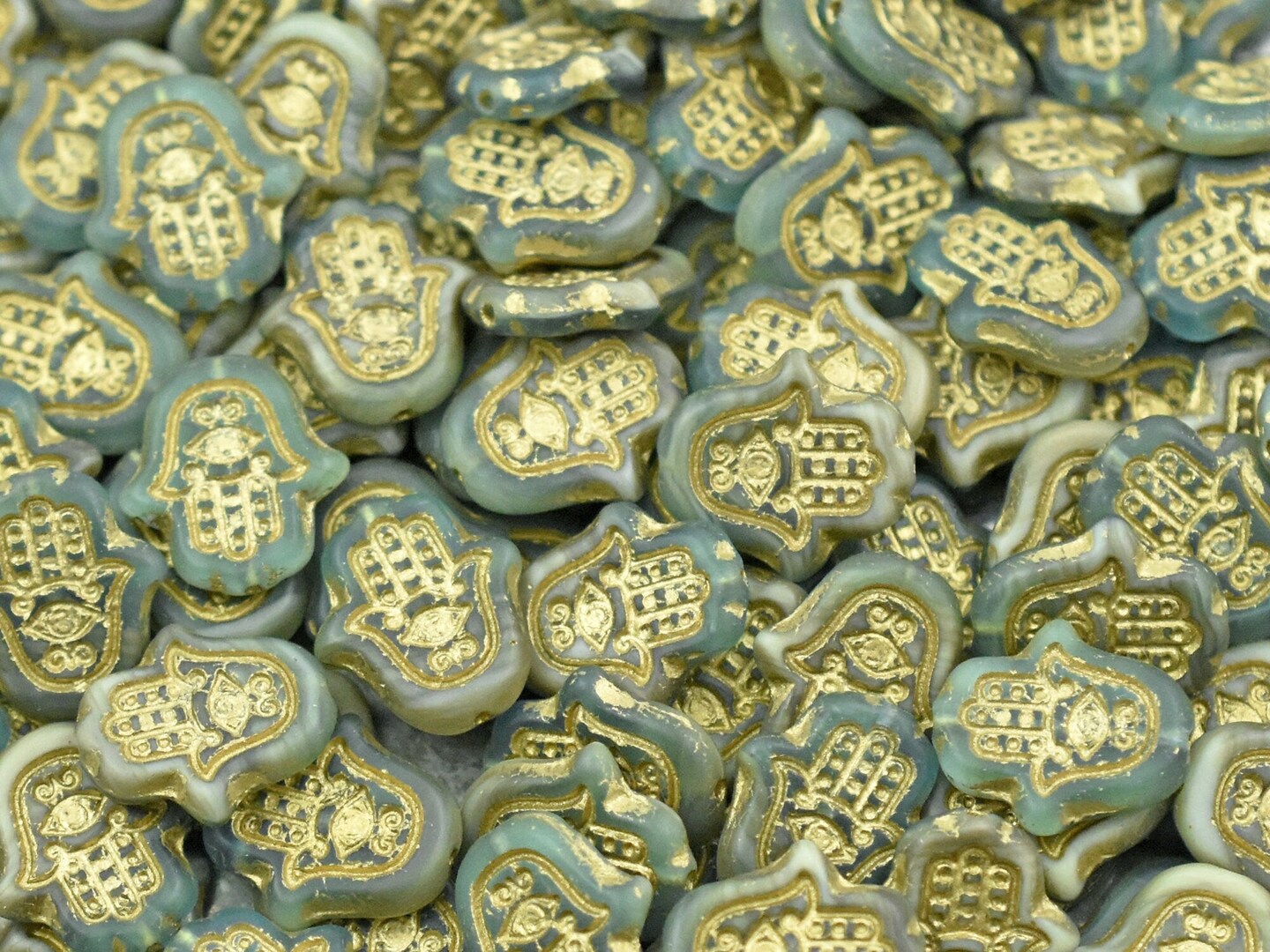 *4* 15x14mm Golden Bronze Washed Matte Beige Aqua Hamsa Hand Beads