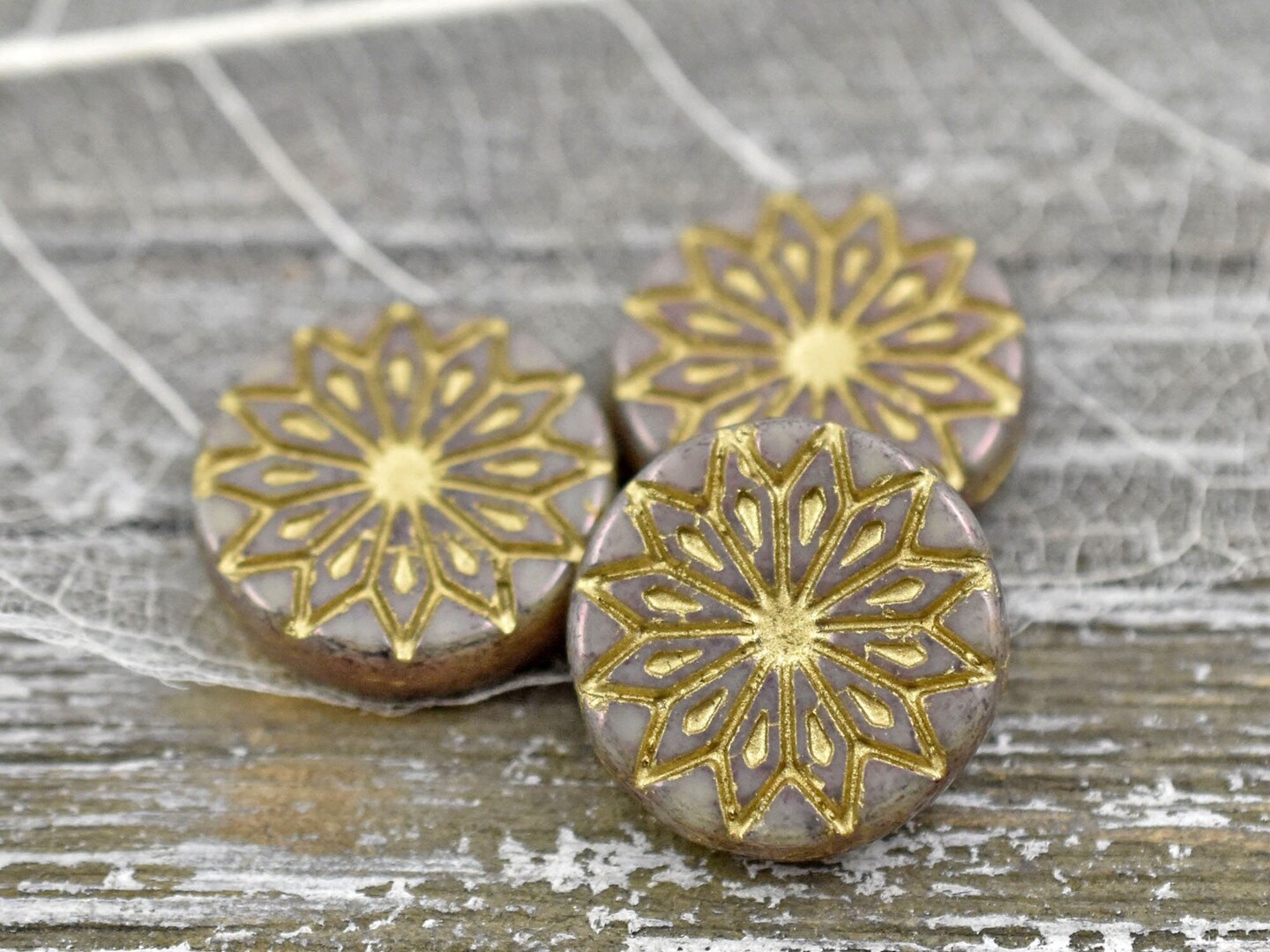 *2* 18mm Gold Finished Purple Luster Washed Opaque Beige Star Flower Coin Beads