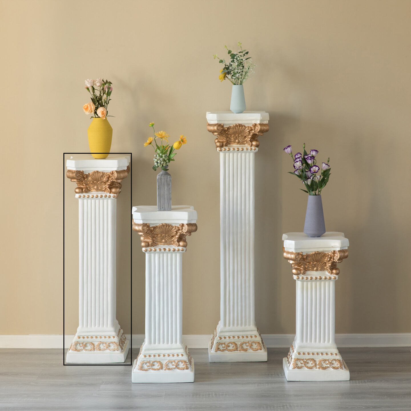 Decorative Fiberglass White and Gold Plinth Roman Style Column Ionic Piller Pedestal Vase Stand for Wedding or Party, Living Room, or Dining Room Decor - Photography Props - Sculpture Display - Greek-inspired Luxury Decor Piece with Ornate Gold Accen