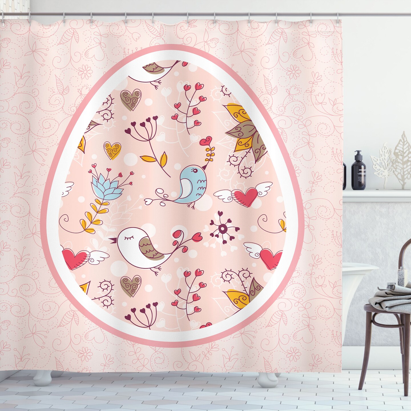 Ambesonne Floral Shower Curtain, Tones Botanical Art with Birds and Flowers in Egg Shaped Frame, Cloth Fabric Bathroom Decor Set with Hooks, 69" W x 70" L, Rose Multicolor
