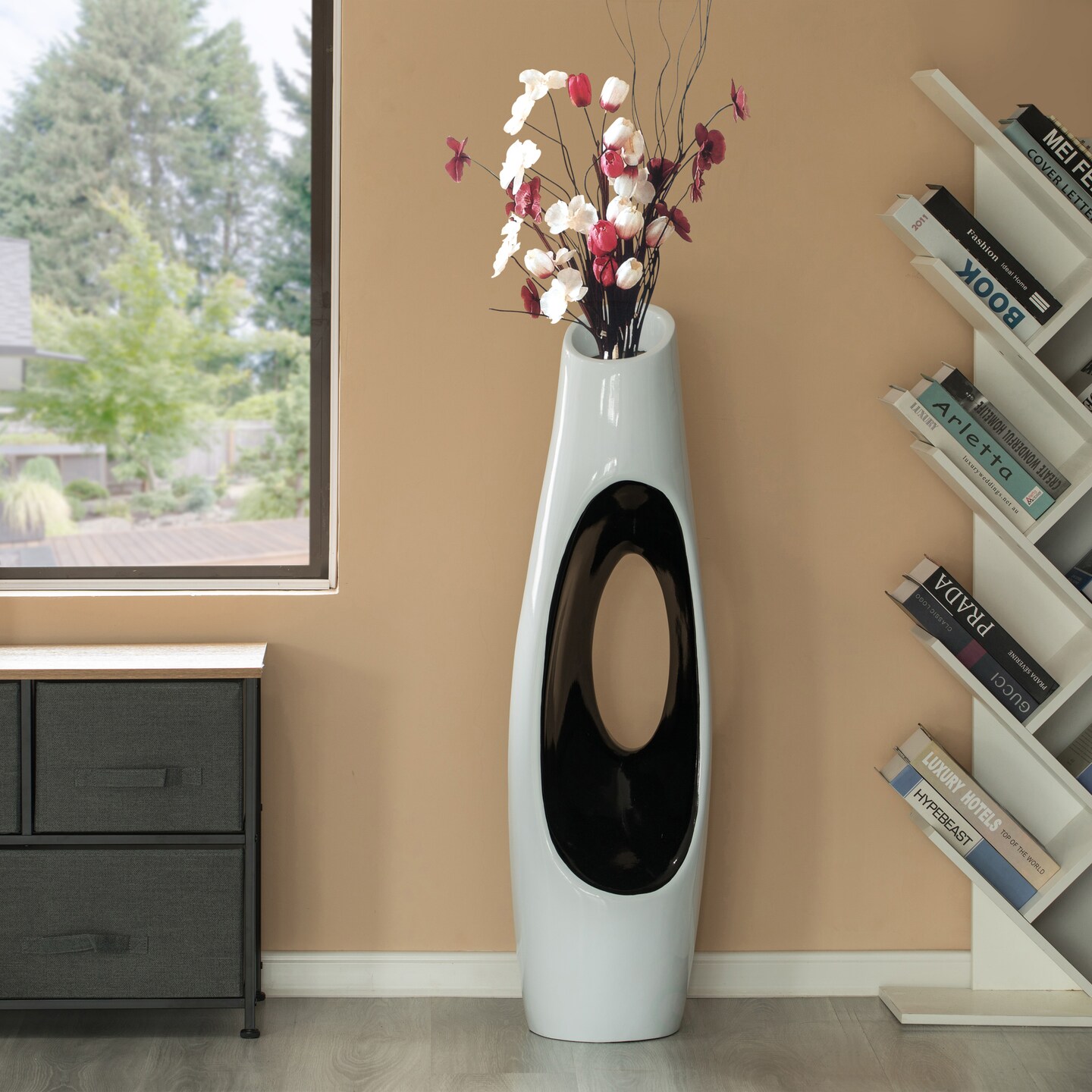 Modern Unique Design White Floor Flower Vase with Black Interior, for Living Room, Entryway or Dining Room, 43 inch