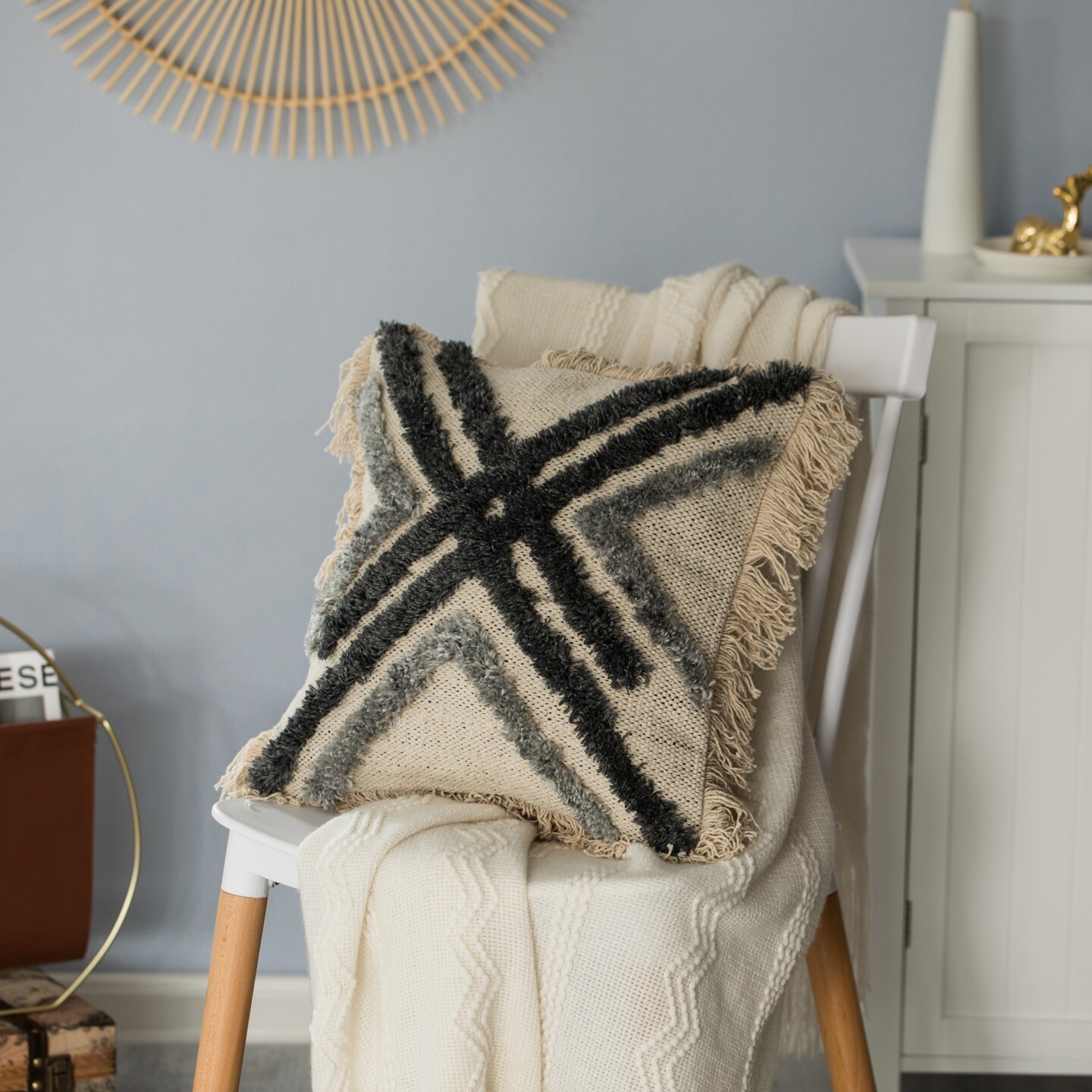 16" Handwoven Cotton & Silk Throw Fringed Pillow Cover Embossed Zig Zag & Crossed Lines Design