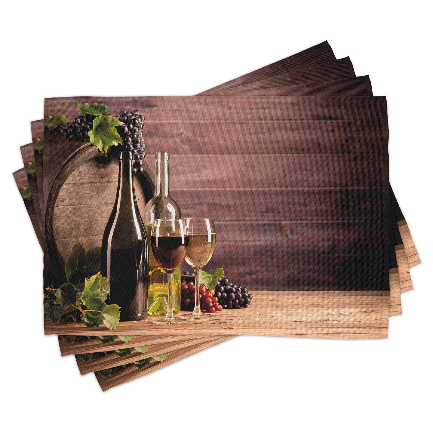 Ambesonne Wine Place Mats Set of 4, Still Life of Wine with Wooden Keg Rustic Concept Tasting Viticulture, Washable Fabric Placemats for Dining Table, Standard Size, Brown Green Pale Brown