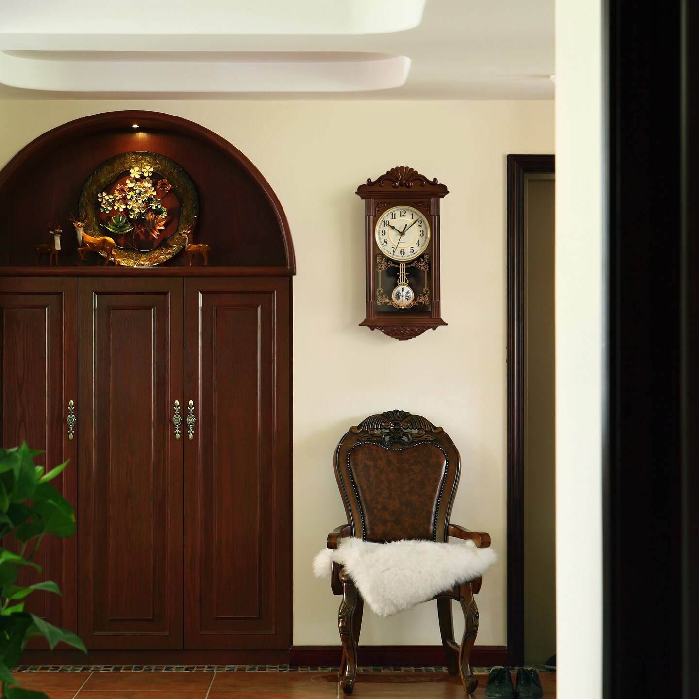 Clockswise Vintage Grandfather Wood-Looking Plastic Pendulum Decorative Battery Operated Wall Clock Brown, for Office, Home Decor, Living Room, Kitchen, or Dining Room