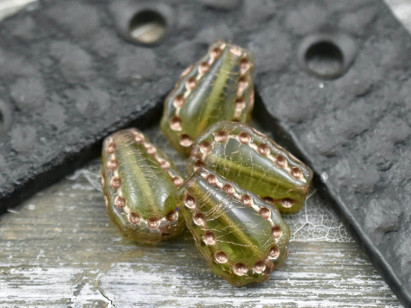 *6* 17x12mm Bronze Washed Olive Green Lacy Teardrop Beads