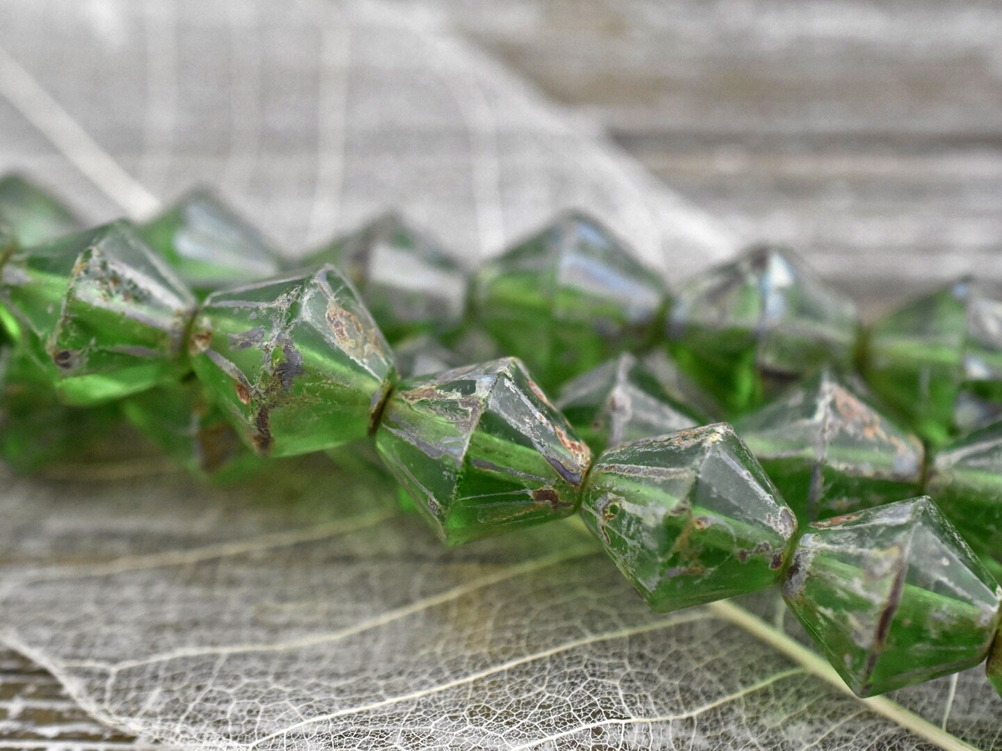 *6* 15mm Emerald Green Travertine Faceted Bicone Beads