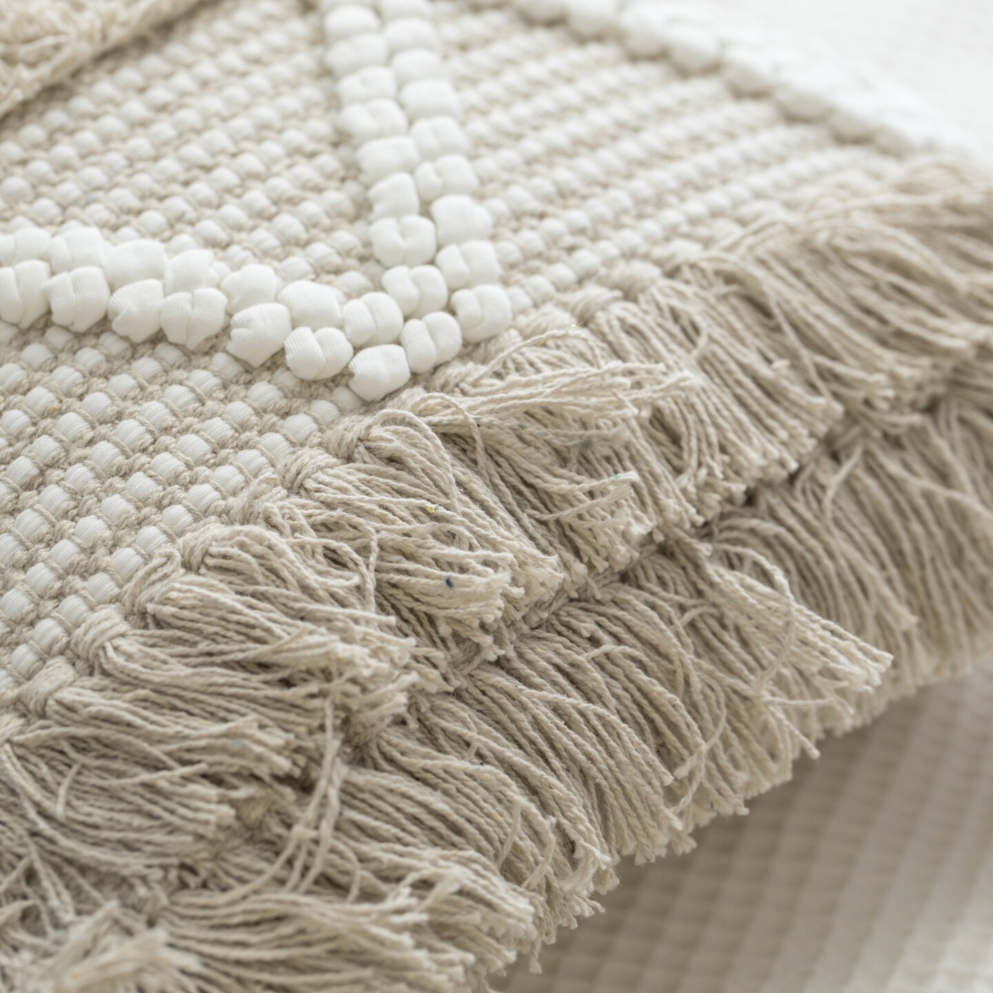 16&#x22; Handwoven Cotton Throw Pillow Cover with White Dot Pattern and Natural Tassel Fringe Lines