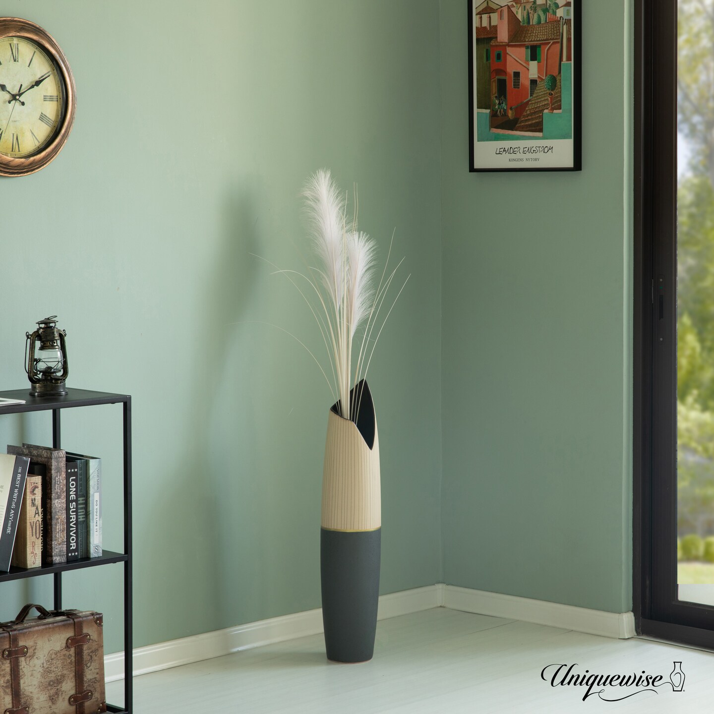 Freestanding Ceramic Floor Vase - Handcrafted Beige Polka Dot Striped Top and Black Bottom, Large Waterproof Vase for Tall Floral Arrangements, Unique Shaped Flower Holder