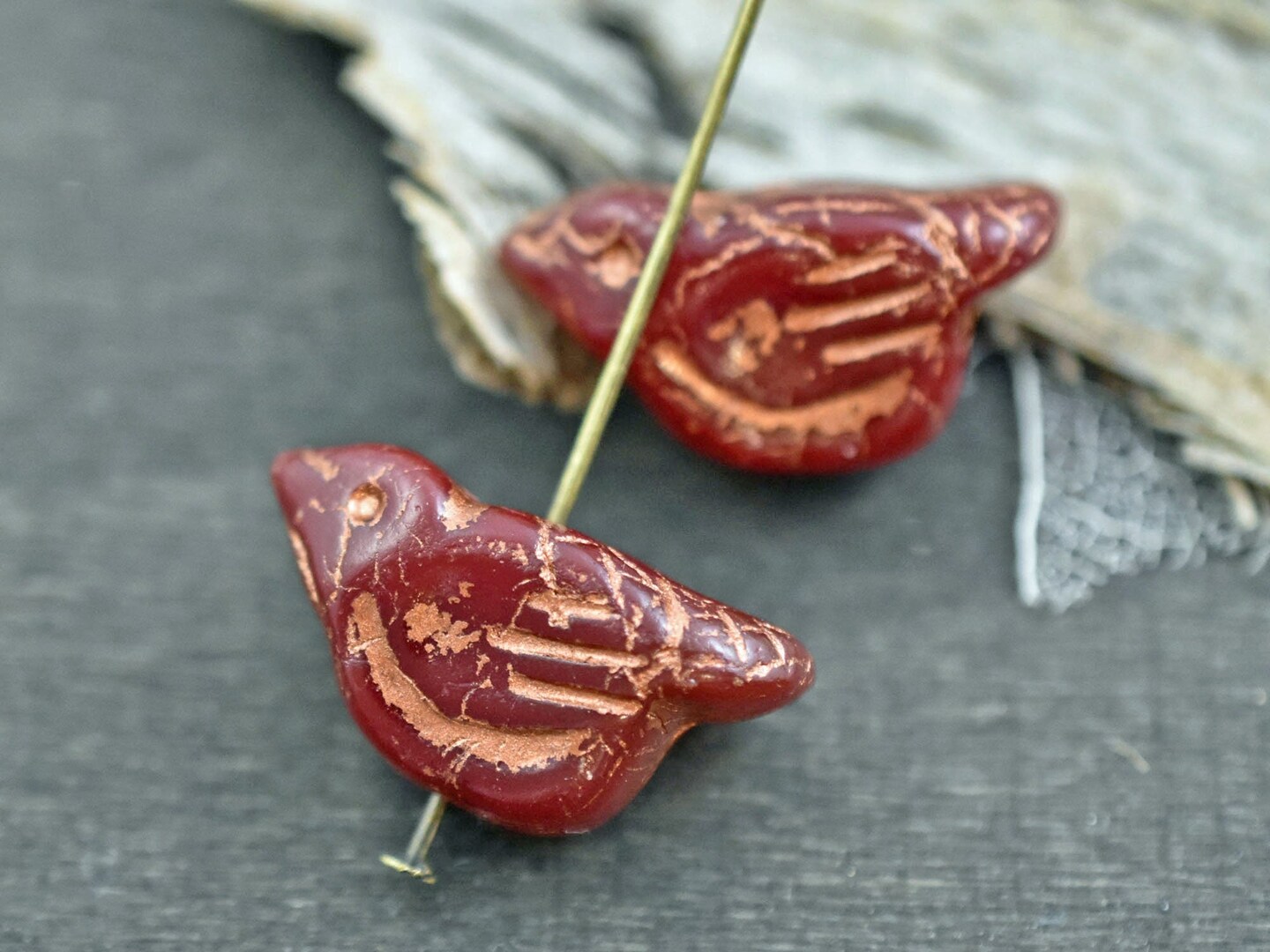 *6* 11x22mm Copper Washed Ruby Red Bird Beads