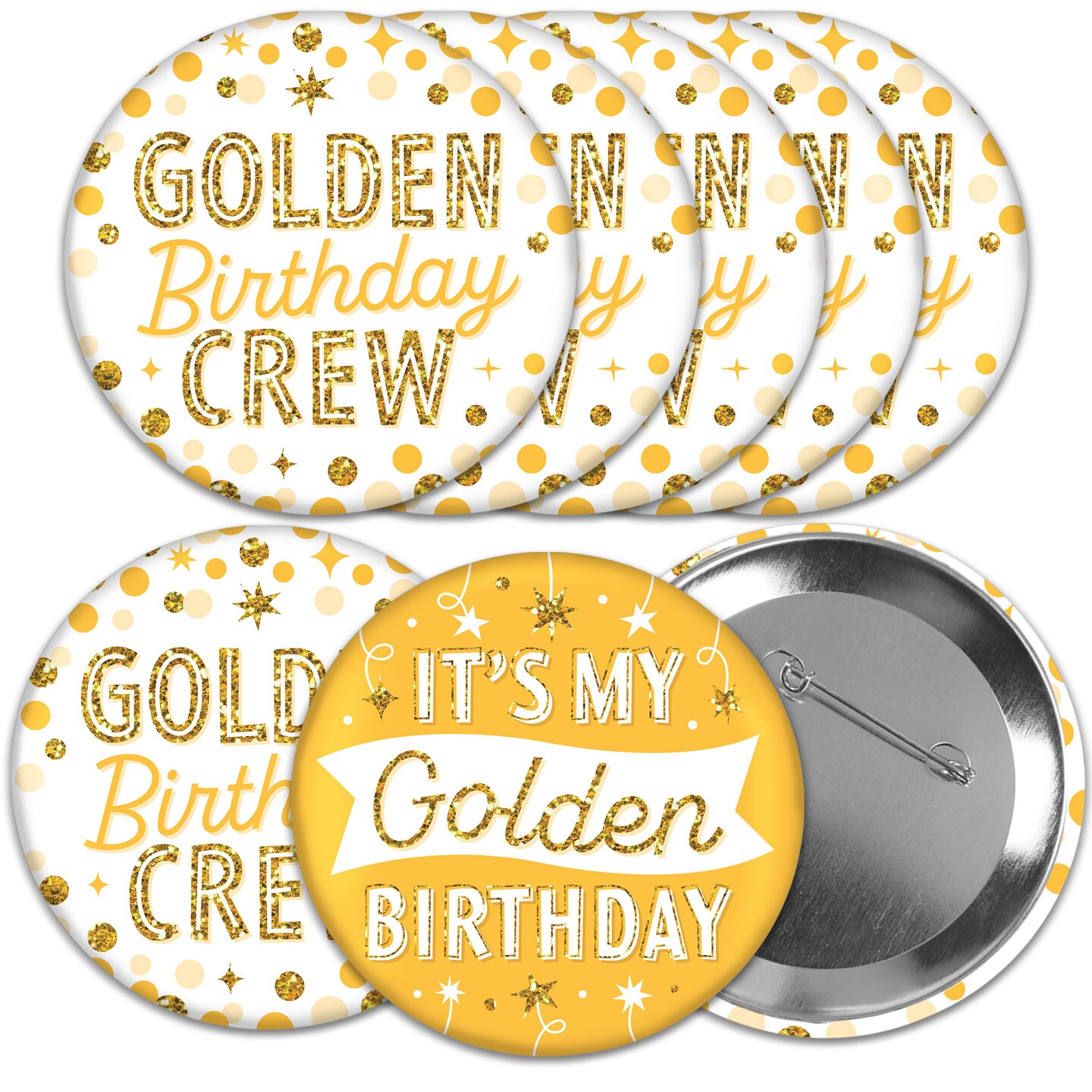 Big Dot of Happiness Golden Birthday - 3 inch Happy Birthday Party Badge - Pinback Buttons - Set of 8