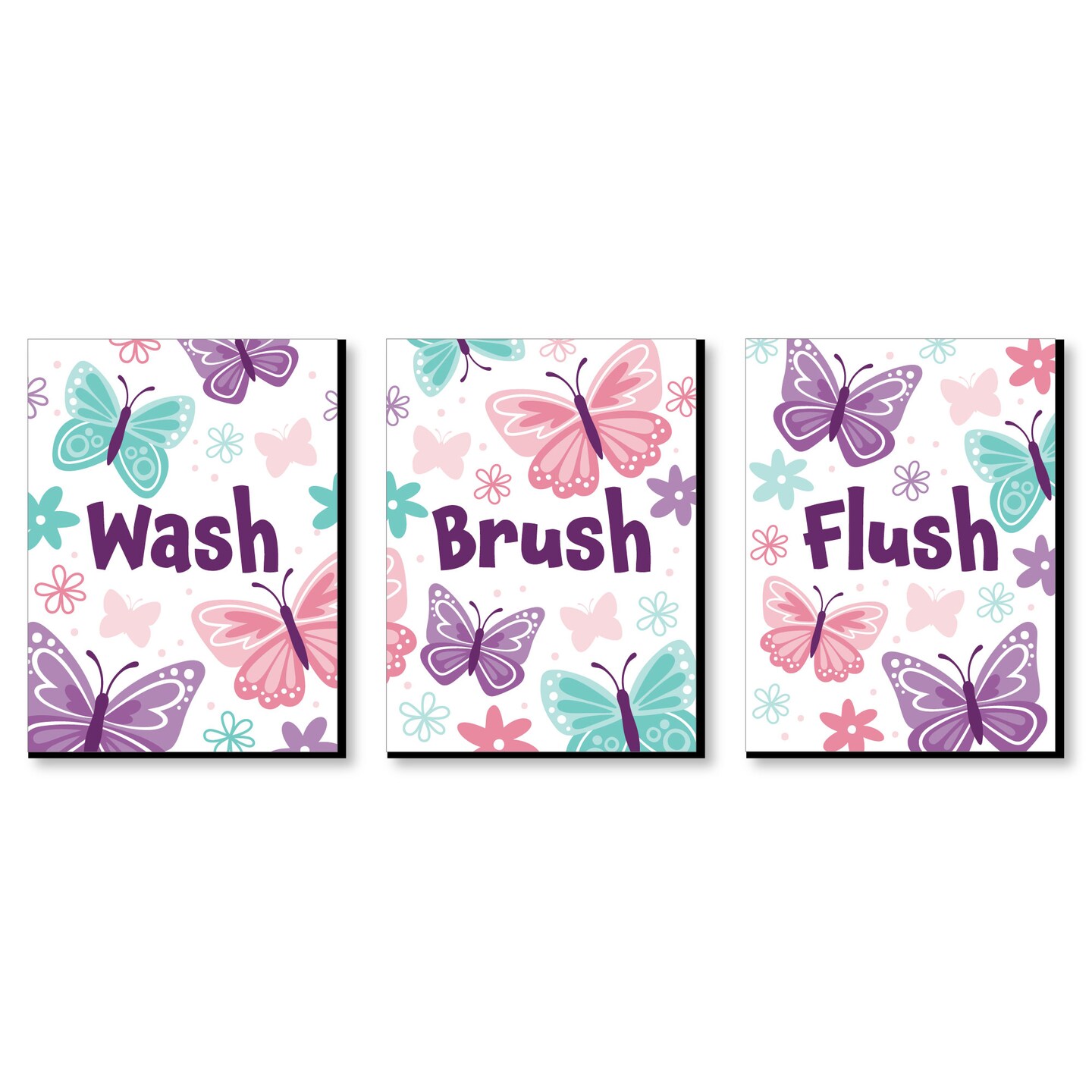 Big Dot of Happiness Beautiful Butterfly - Floral Kids Bathroom Rules Wall Art - 7.5 x 10 inches - Set of 3 Signs - Wash, Brush, Flush