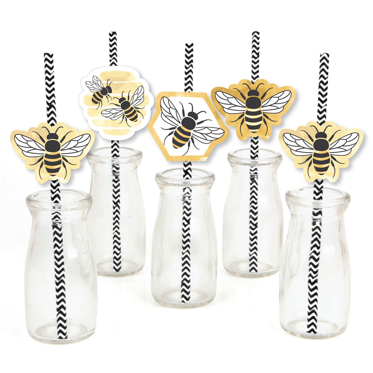 Big Dot of Happiness Little Bumblebee - Paper Straw Decor - Bee Baby Shower or Birthday Party Striped Decorative Straws - Set of 24