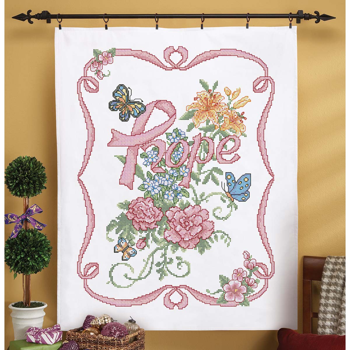 Herrschners Ribbon of Hope Lap Quilt Top Kit Stamped CrossStitch Kit