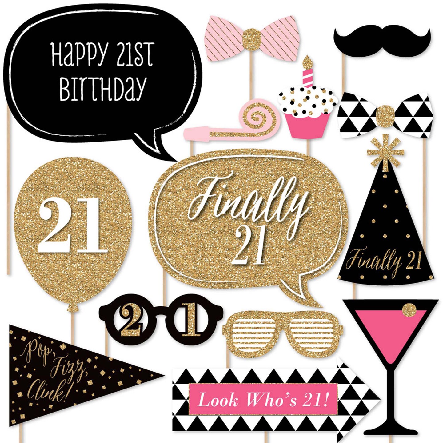 Big Dot of Happiness Finally 21 Girl - 21st Birthday Photo Booth Props Kit - 20 Count