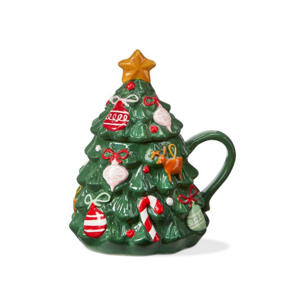 TAG Christmas Tree Lidded Mug, 22 ounce Earthenware Coffee or Tea Cup