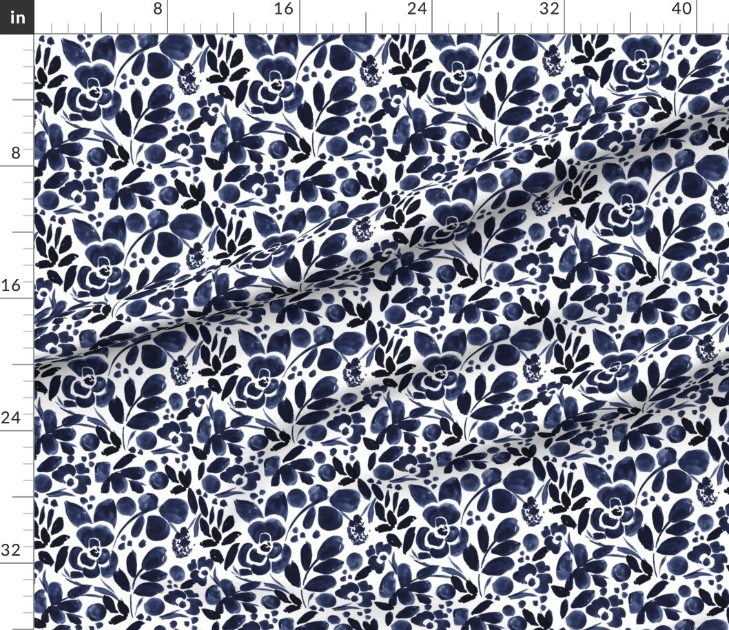 Navy Floral Watercolor Blue Vintage Custom Printed Fabric by Spoonflower Various Fabrics by the Yard or Fat Quarter