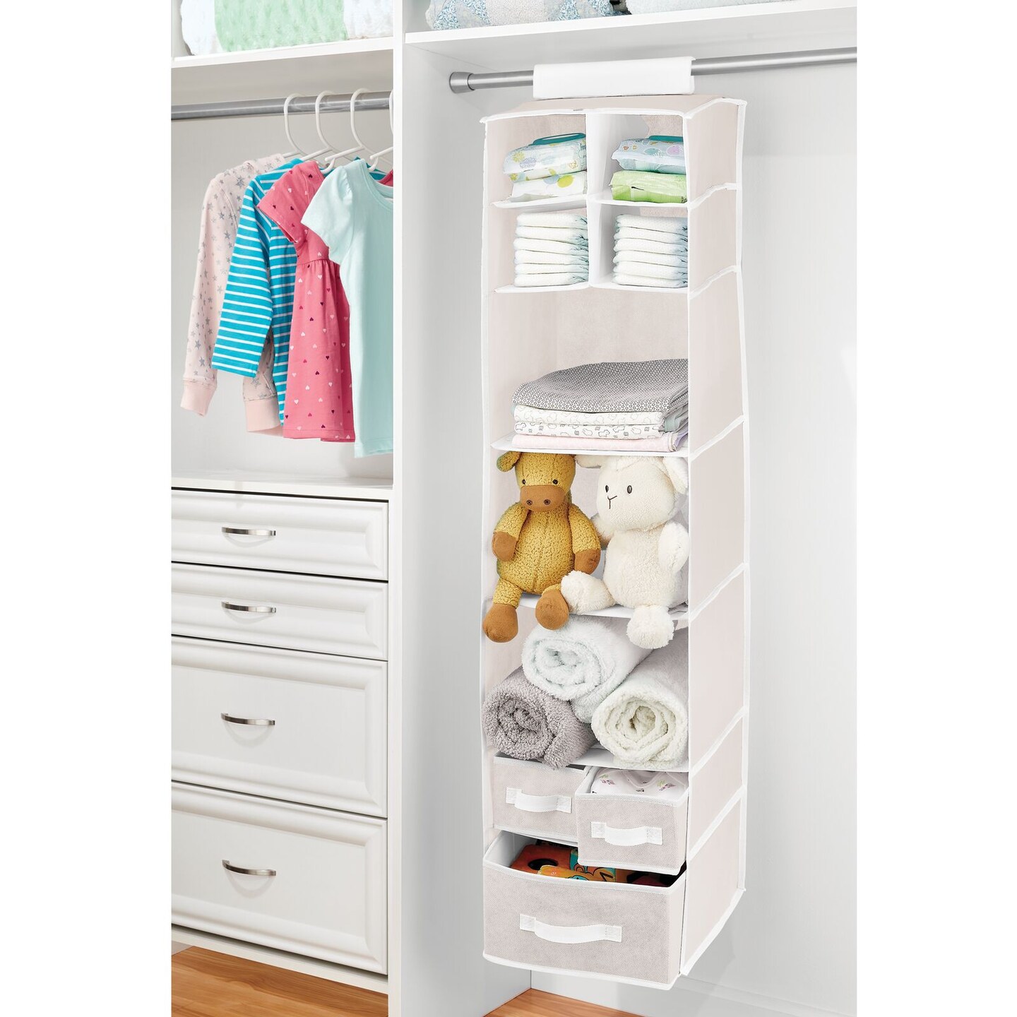 mDesign Fabric Nursery Hanging Organizer with 7 Shelves/3 Drawers