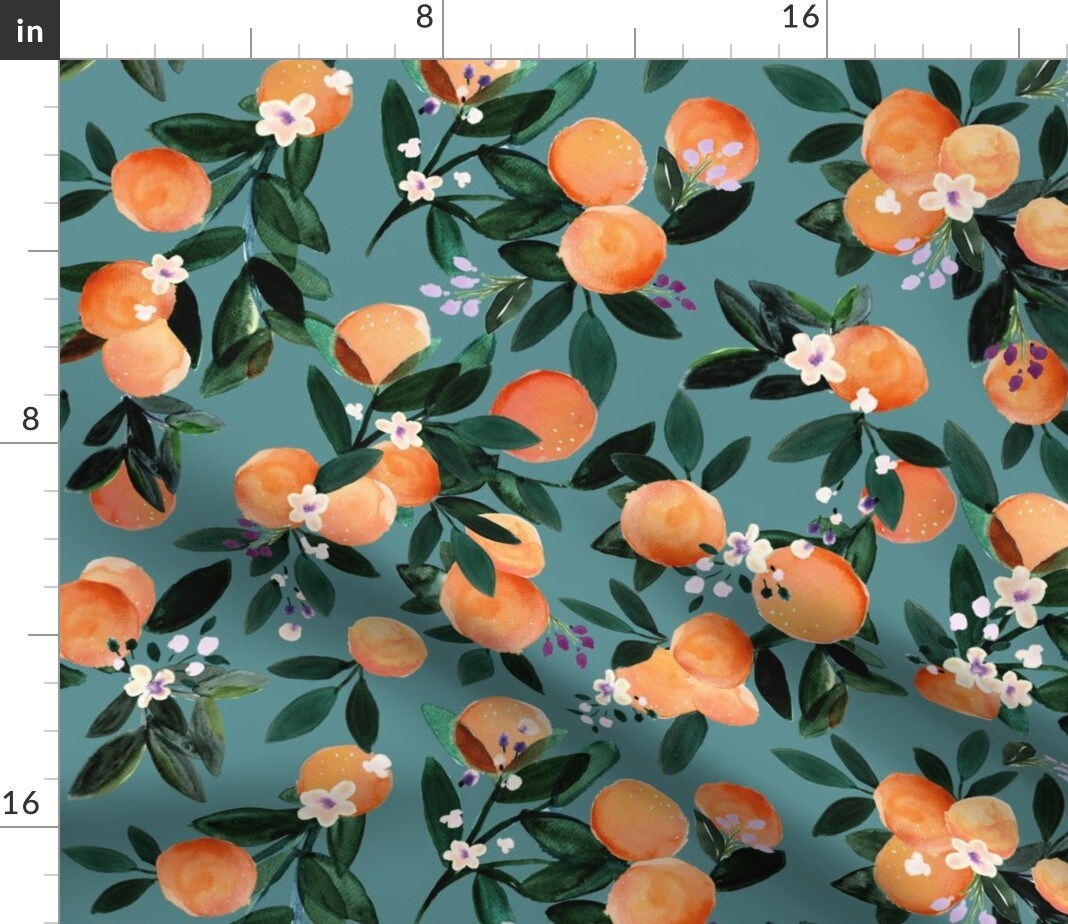 Citrus Flowers Teal Orange Watercolor Mandarin Oranges Custom Printed Fabric by Spoonflower Various Fabrics by the Yard or Fat Quarter