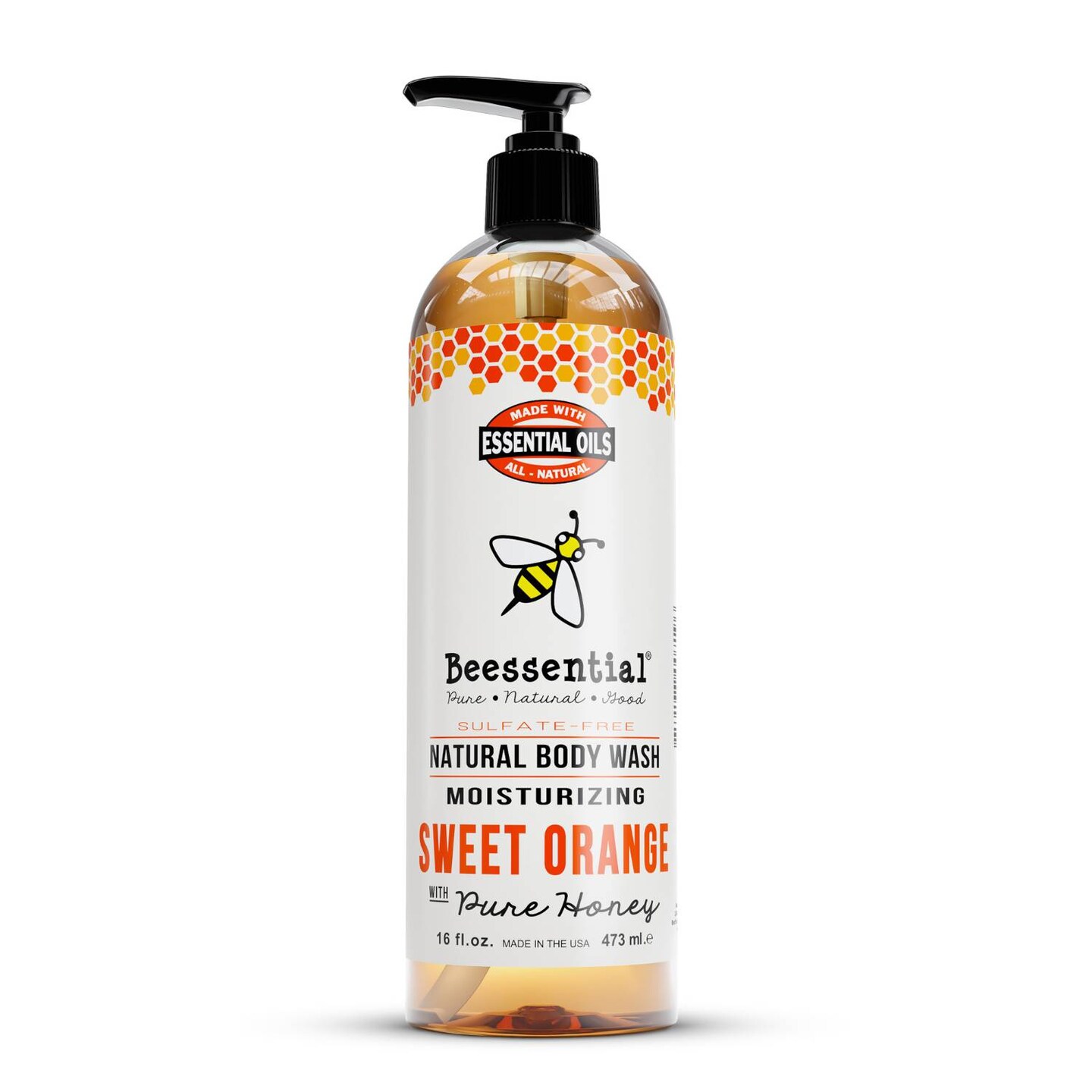 Beessential Natural Body Wash, Sweet Orange, Sulfate-Free Bath and Shower Gel with Essential Oils for Men &#x26; Women, 16 oz