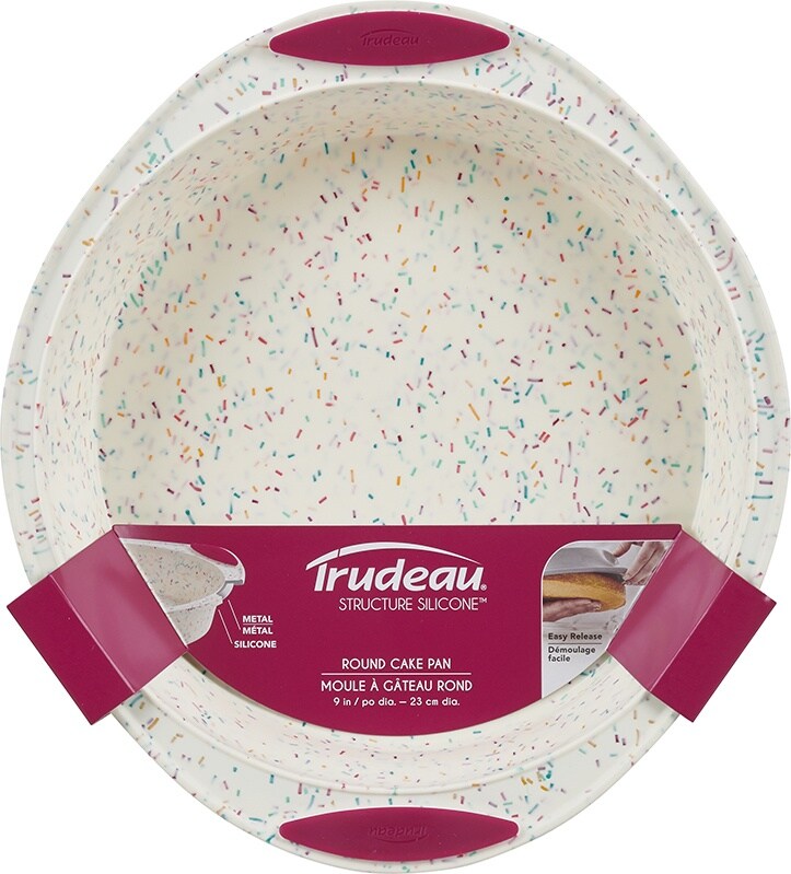 Trudeau Round Cake Pan 9&#x22;-White Confetti/Fuchsia