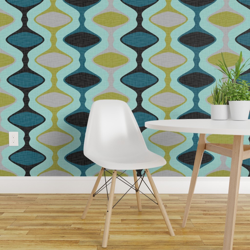 Pre-Pasted Wallpaper 2FT Wide Mid Century Ogee Modern Teal Blue Lime Gray Grey Black Olive Geometric Custom Pre-pasted Wallpaper by Spoonflower