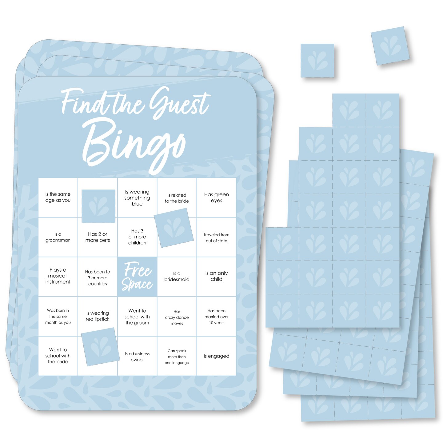 Big Dot of Happiness Dusty Blue Elegantly Simple - Find the Guest Bingo Cards and Markers - Wedding &#x26; Bridal Shower Bingo Game  Set of 18