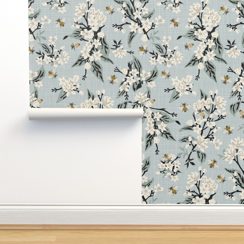Flowers On Blue White Floral Traditional Honeybee Farmhouse Faux Texture Citrus Custom Removable Wallpaper by Spoonflower Peel & Stick Wallpaper 2FT Wide