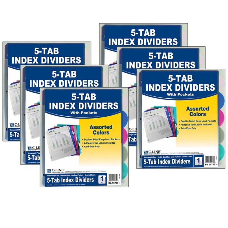 5Tab Poly Index Dividers W/Slant Pocket, Assorted Colors, 5 Per Pack