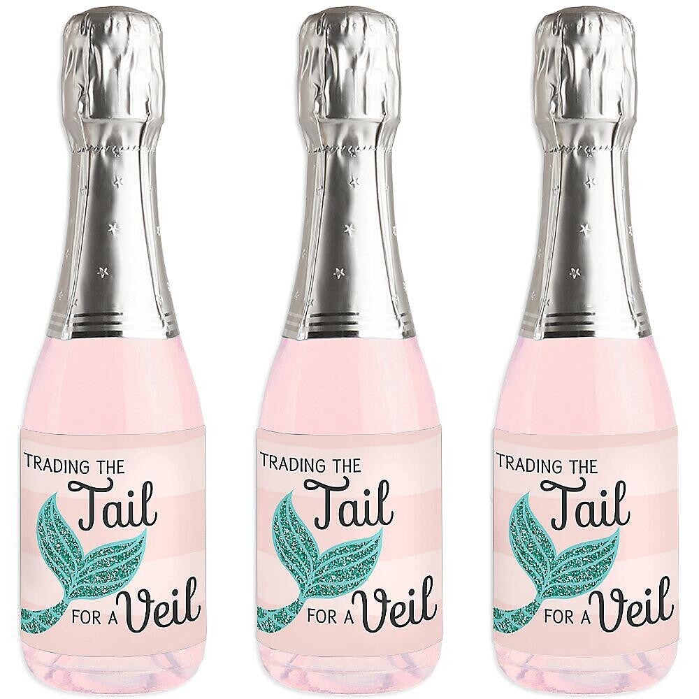 Big Dot of Happiness Trading The Tail For A Veil - Mini Wine &#x26; Champagne Bottle Label Stickers - Mermaid Bachelorette Bridal Shower Favor Gift - 16 Ct