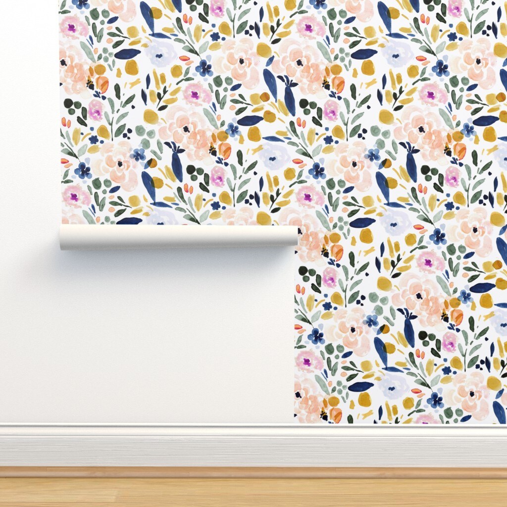 Pastel Floral Watercolor Nursery Spring Bohemian Boho Chic Girly Custom Pre-pasted Wallpaper by Spoonflower Pre-Pasted Wallpaper 2FT Wide