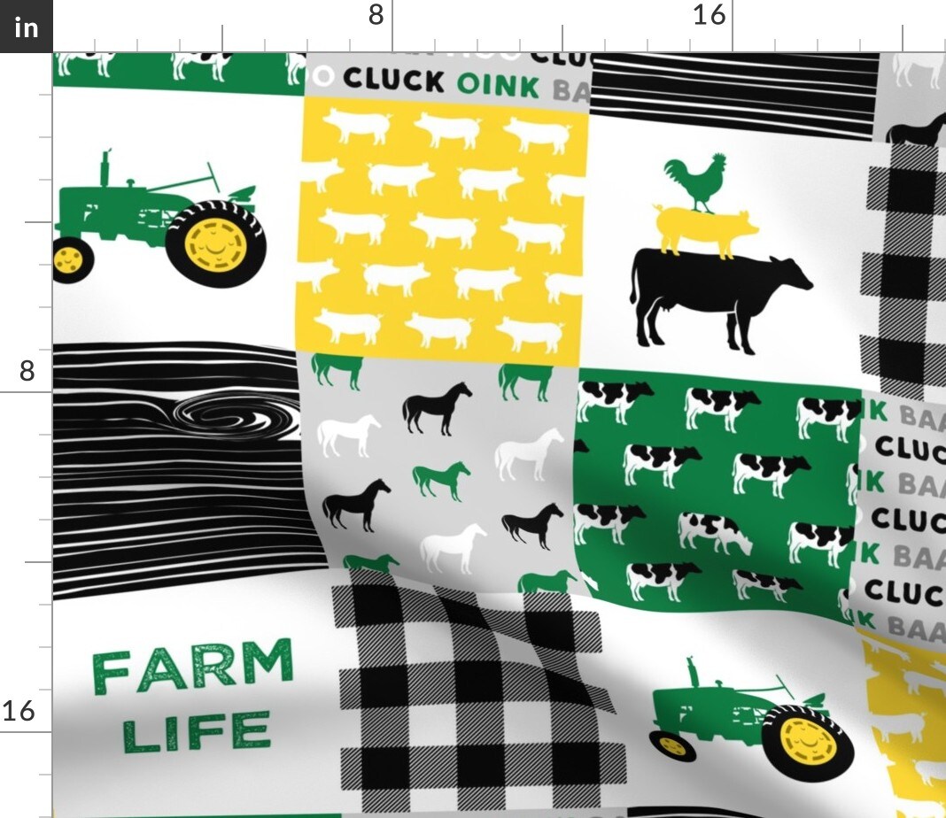 Farm Life Wholecloth Green Yellow Black Woodgrain Patchwork Horse Plaid Quilt Themed Cows Horses Custom Printed Fabric by Spoonflower Various Fabrics by the Yard or Fat Quarter