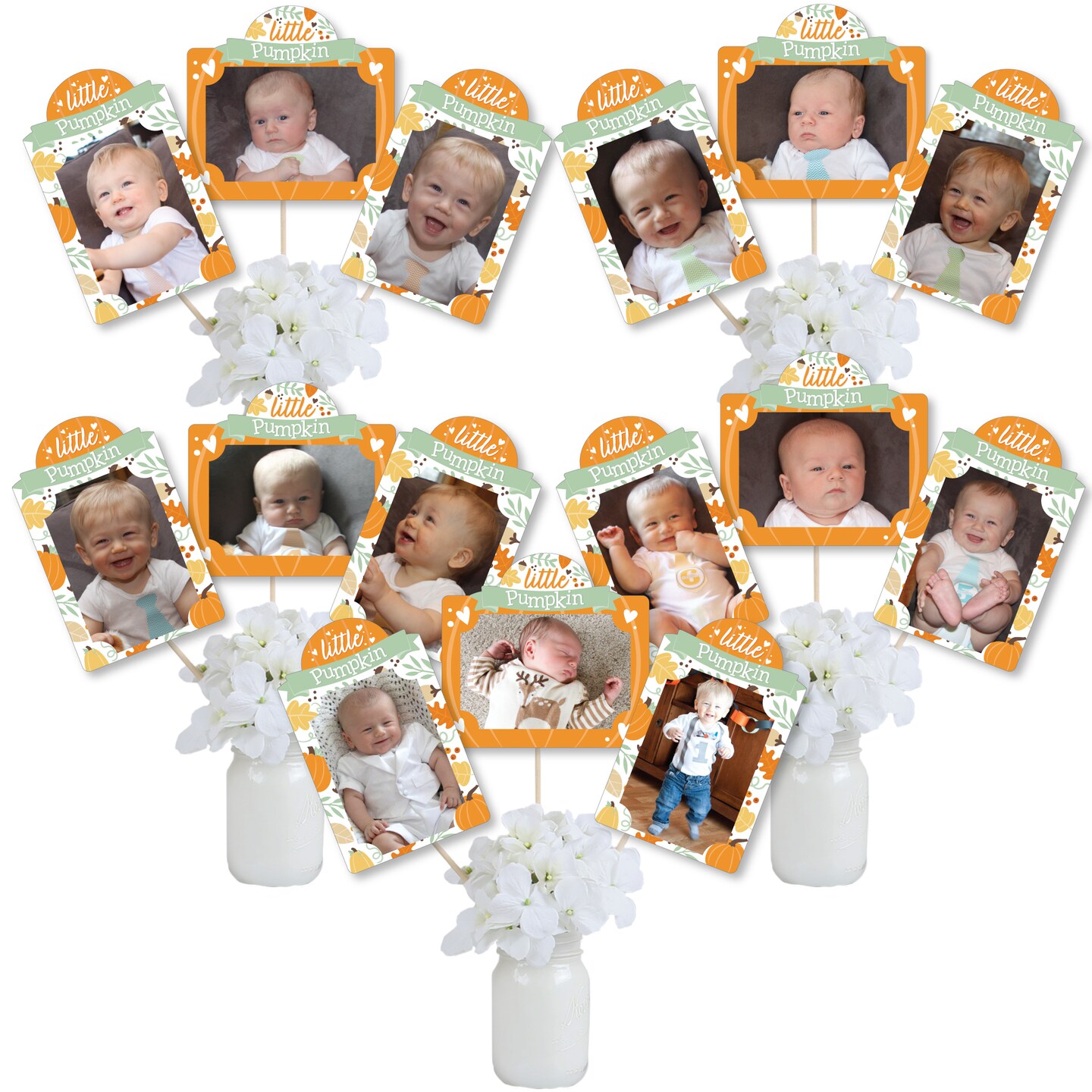Big Dot of Happiness Little Pumpkin - Fall Birthday Party or Baby Shower Picture Centerpiece Sticks - Photo Table Toppers - 15 Pieces
