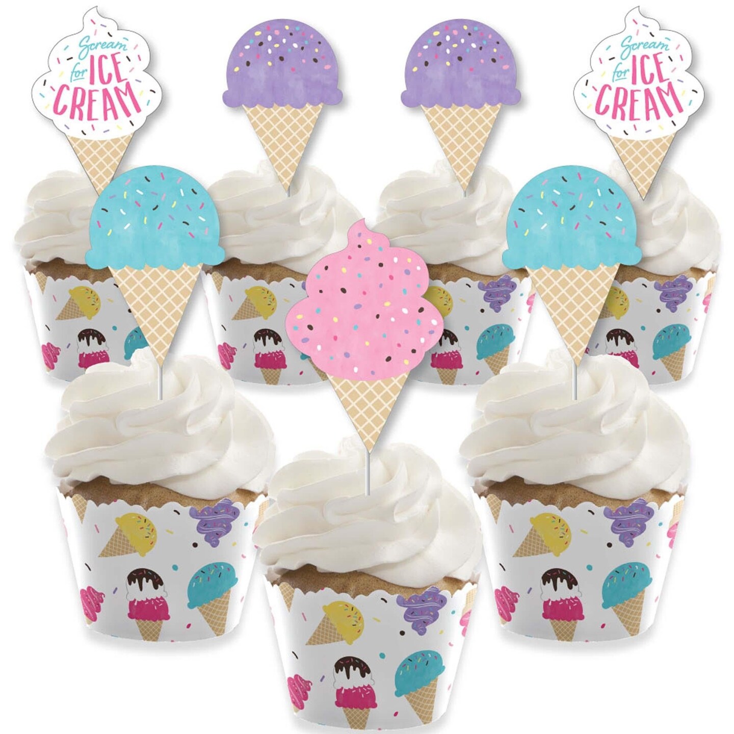 Big Dot of Happiness Scoop Up the Fun - Ice Cream - Cupcake Decoration -  Sprinkles Party Cupcake Wrappers and Treat Picks Kit - Set of 24