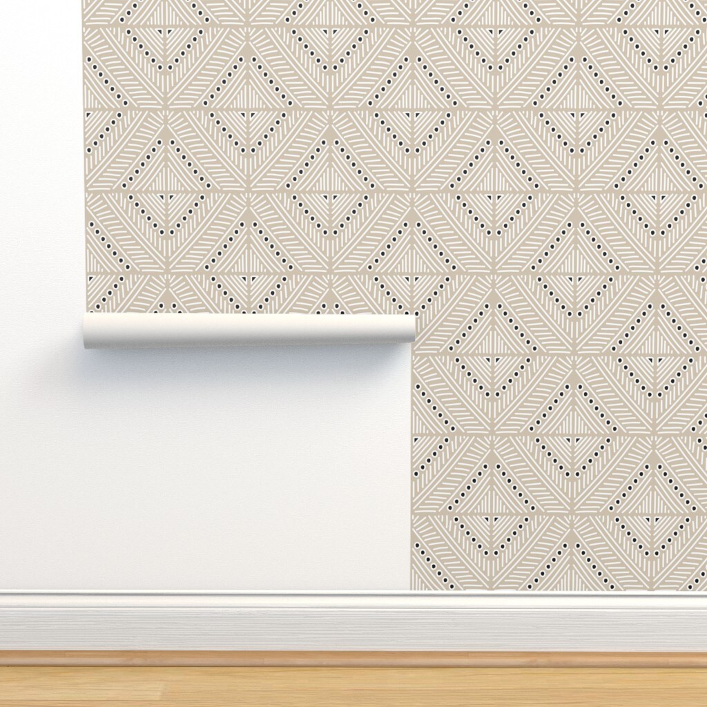 Extra Large Boho Freehand Neutral Geometric Diamonds Mudcloth Style Cream Black Dots Bohemian Custom Removable Wallpaper by Spoonflower Peel & Stick Wallpaper 2FT Wide