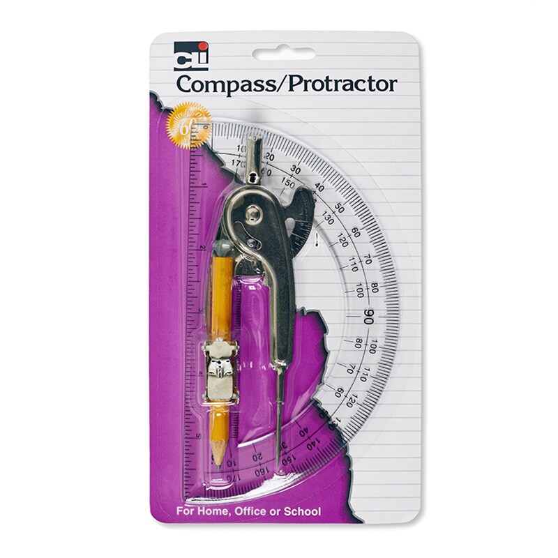 Ball Bearing Compass &#x26; 6 Inch Protractor Combo Set, Metal/Clear Plastic