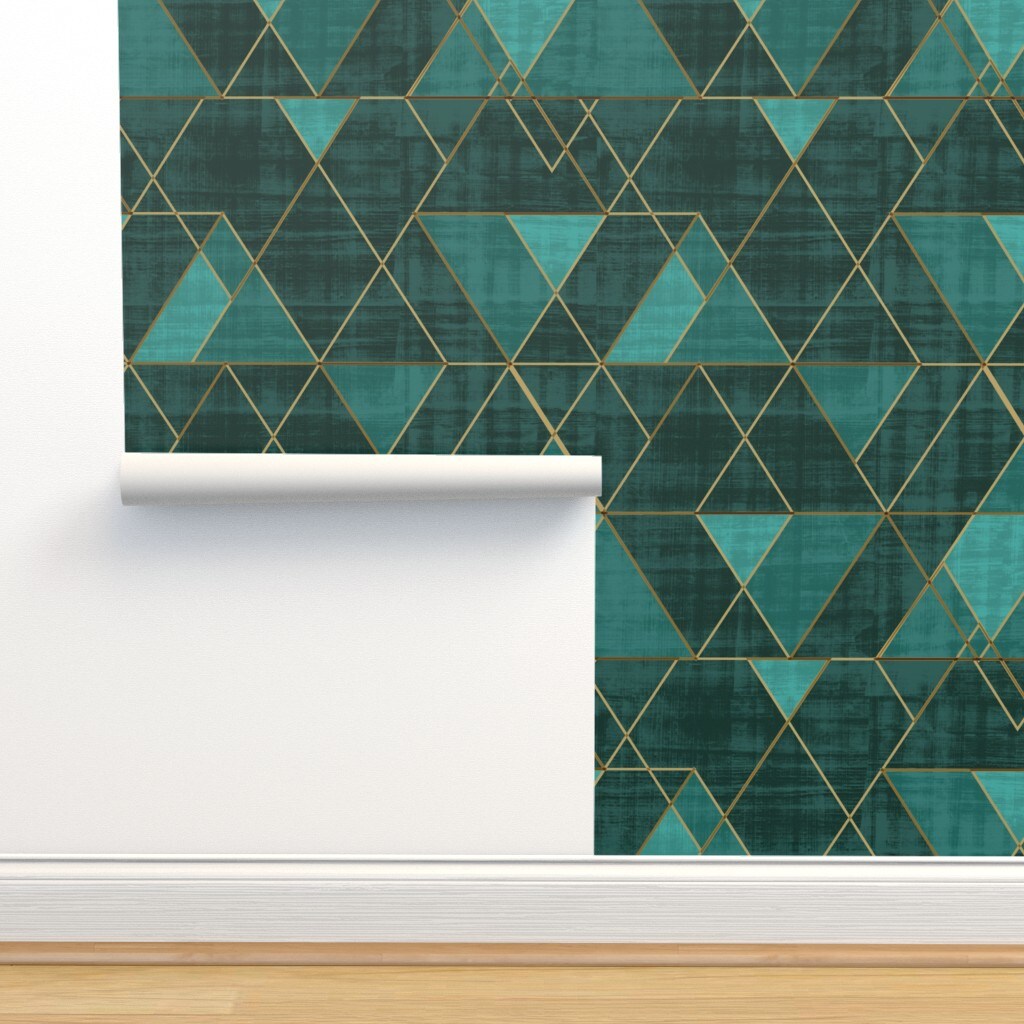 Geometric Modern Triangles Abstract Blue Green Gold Boho Glam Custom Pre-pasted Wallpaper by Spoonflower Pre-Pasted Wallpaper 2FT Wide