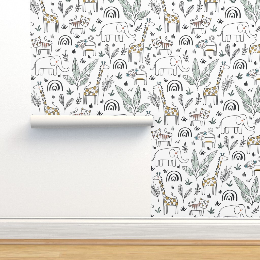 Safari Animals Baby Nursery Kids Room Large Scale Gender Neutral African Zoo Animal Custom Removable Wallpaper by Spoonflower Peel & Stick Wallpaper 2FT Wide