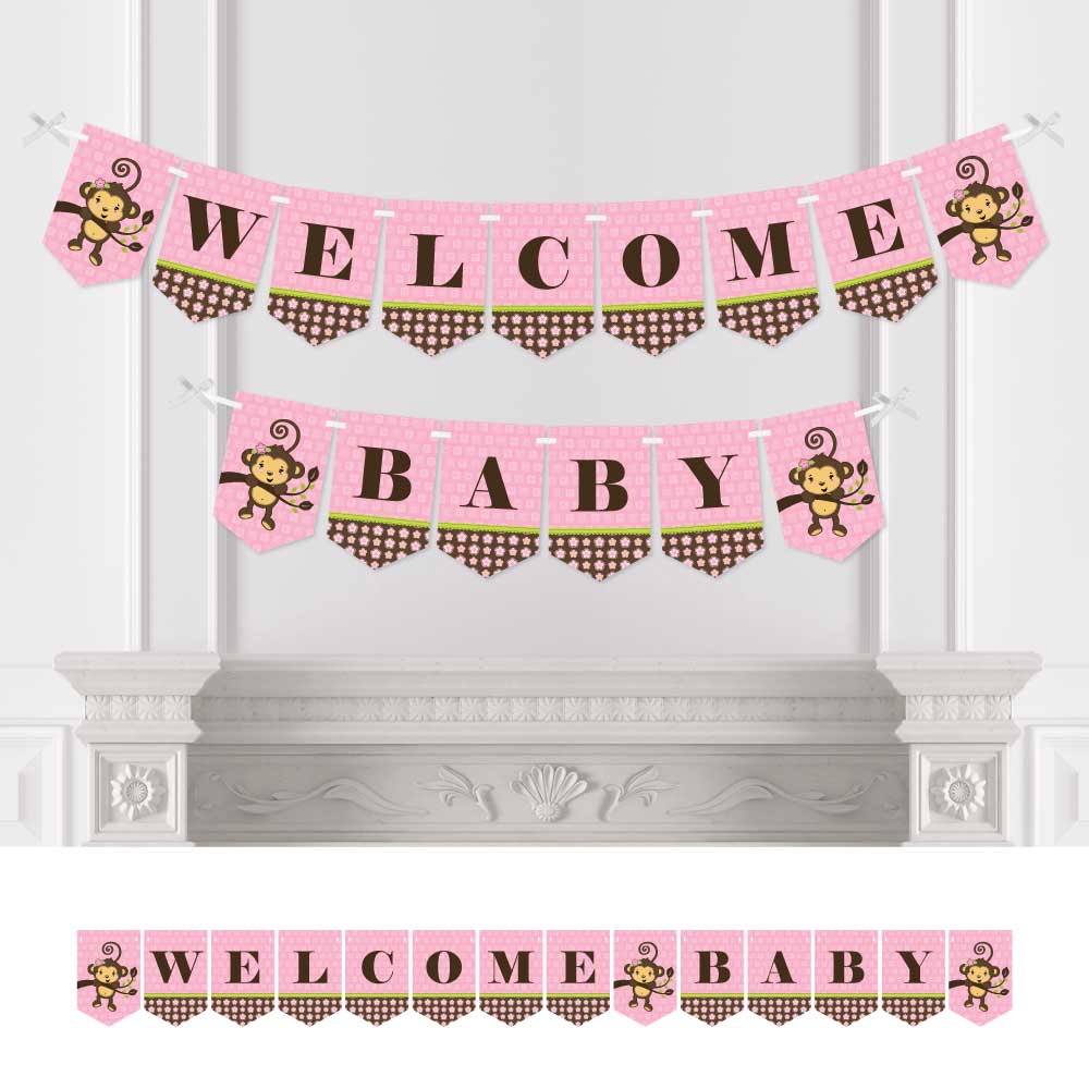 Big Dot of Happiness Pink Monkey Girl - Baby Shower Bunting Banner - Pink Party Decorations - Welcome Baby