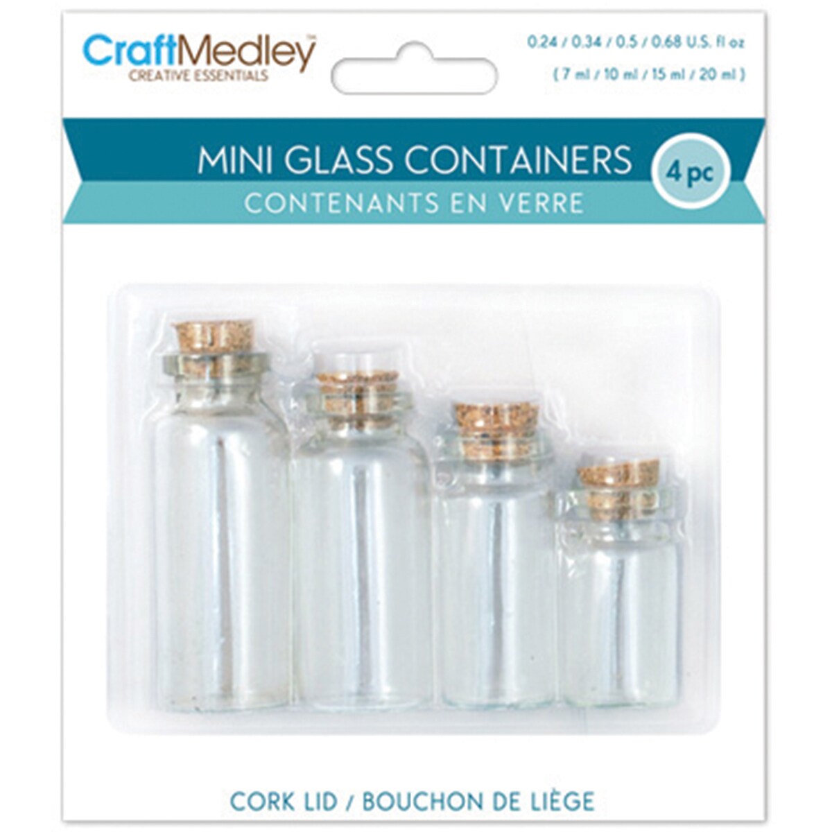 Craft Medley Mini Glass Containers W/Cork Lids 4/Pkg-7ml, 10ml, 15ml &#x26; 20ml