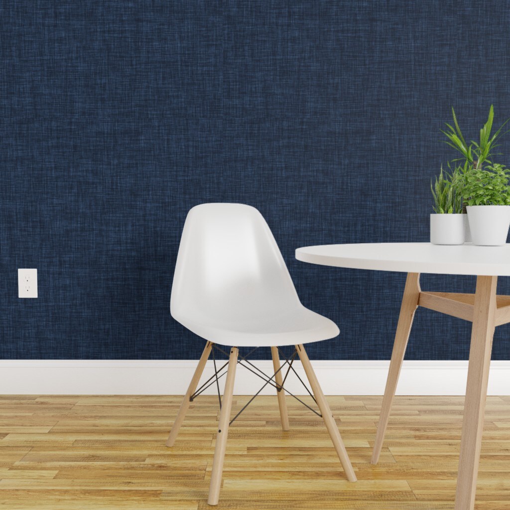 Pre-Pasted Wallpaper 2FT Wide Dark Blue Solid Faux Woven Texture Deep ...