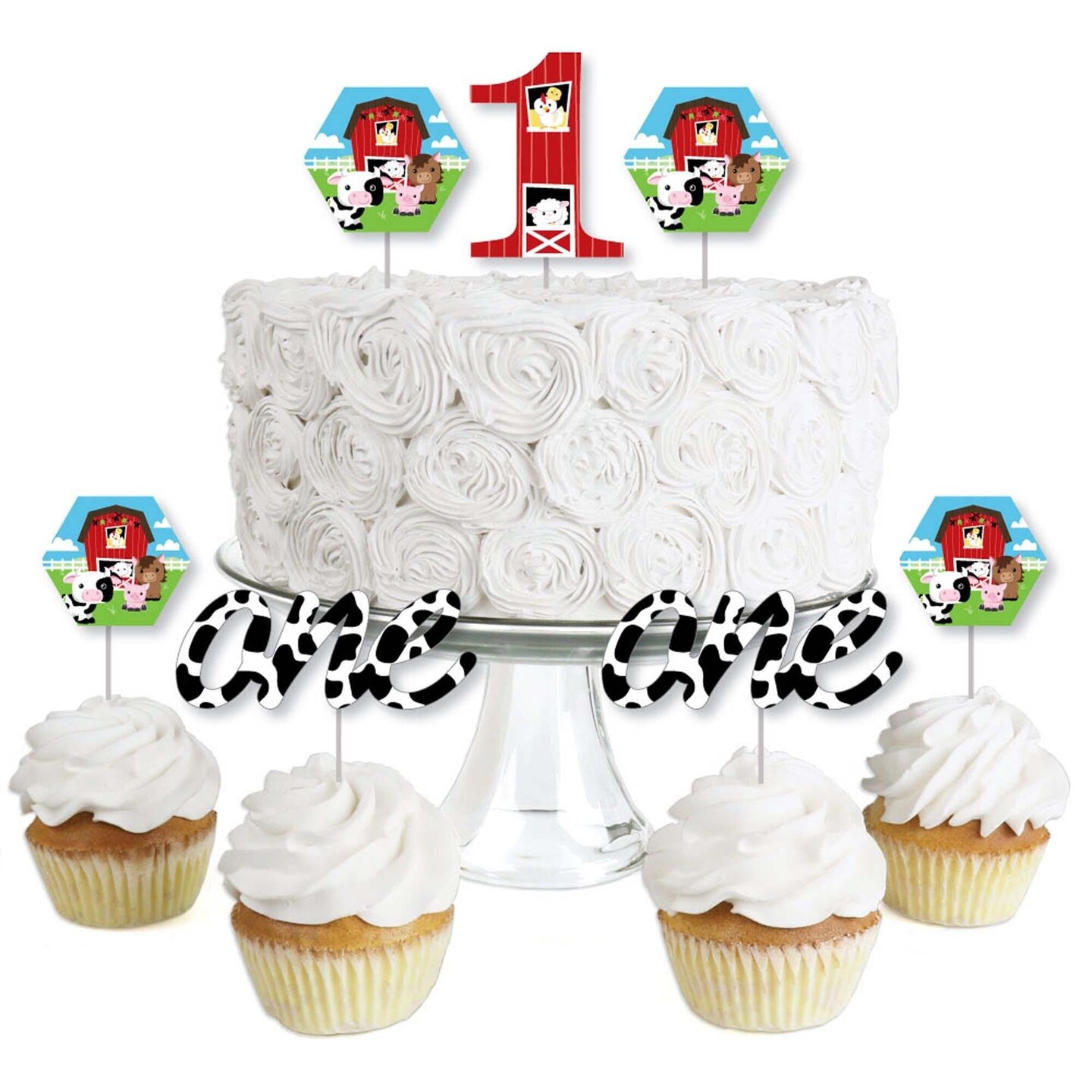 Big Dot of Happiness 1st Birthday Farm Animals - Dessert Cupcake Toppers - Barnyard First Birthday Party Clear Treat Picks - Set of 24