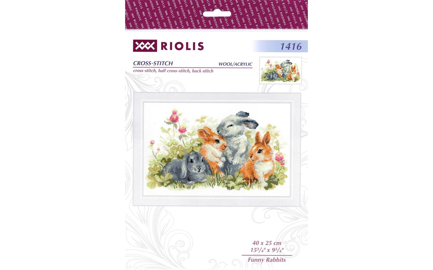 Riolis Cross Stitch Kit Funny Rabbits, 15 3/4" x 9 3/4" (40 x 25 cm), stranded cotton, cross-stitch, half cross-stitch, back stitch and combined colors, included all supplies