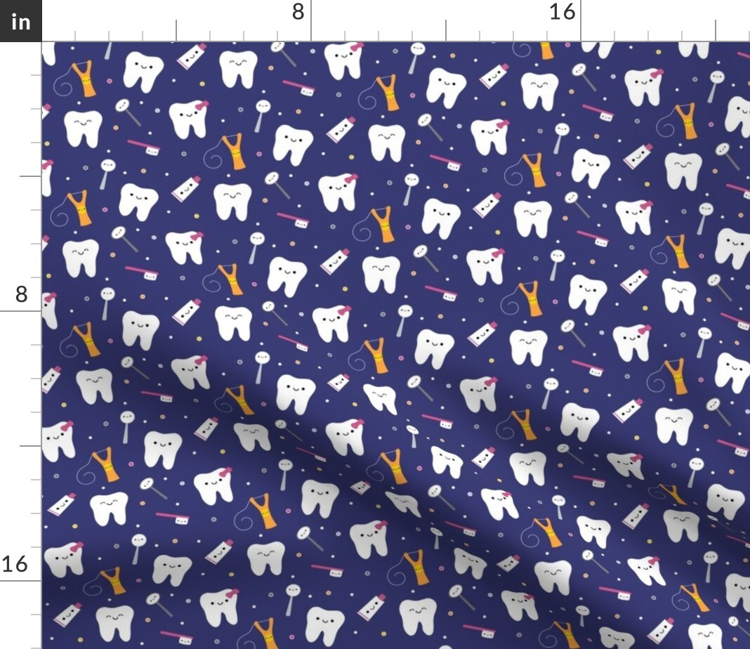 Happy Teeth Royal Blue Dental Dentistry Tooth Dentist Toothpaste Floss Custom Printed Fabric by Spoonflower Various Fabrics by the Yard or Fat Quarter