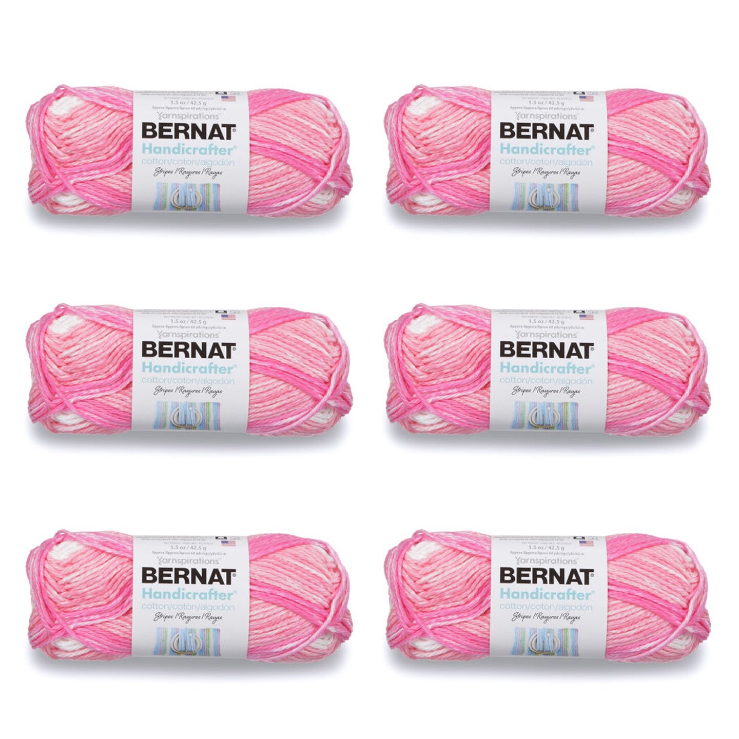 Bernat Handicrafter Cotton Stripes Pinky Stripes Yarn - 6 Pack of 42.5g/1.5oz - Cotton - 4 Medium (Worsted) - 68 Yards - Knitting/Crochet